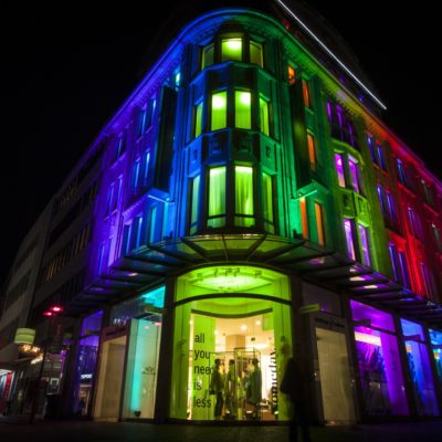 colourfully illuminated building in Recklinghausen at night