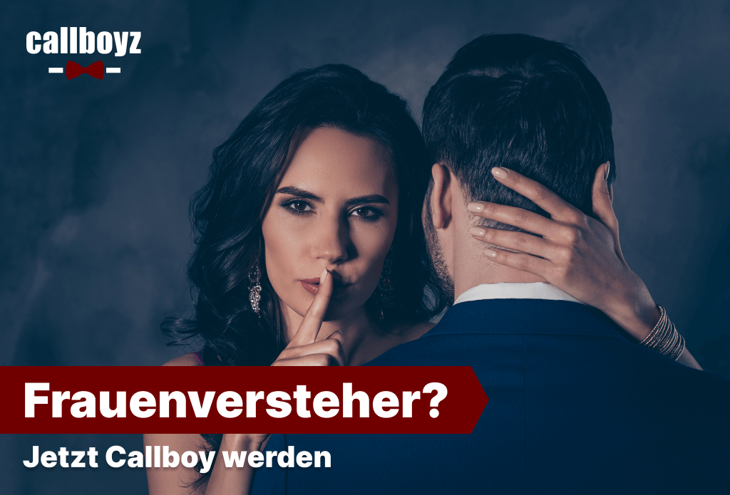 Das Bild stellt wahrscheinlich eine Werbung dar, die für einen Service oder Lebensstil im Zusammenhang mit dem Beruf eines Callboys werben soll, was durch den Slogan „Frauenversteher? Jetzt Callboy werden“ subtil angedeutet wird. Die Verwendung eines stilvollen Logos mit Fliege und die Präsenz gut gekleideter Personen suggerieren Kultiviertheit und Verführung als Verkaufsargumente. Die Geste der Frau, einen Finger an die Lippen zu halten, suggeriert Diskretion, was ein wichtiger Aspekt des Callboyberufs sein könnte, der in dieser Werbung hervorgehoben wird. Das Gesamtdesign, einschließlich des verschwommenen Hintergrunds und der formellen Kleidung, zielt darauf ab, eine Aura der Exklusivität und Professionalität rund um die Marke „callboyz“ zu schaffen.