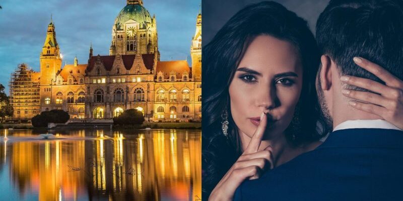 stadt_callboy-event Bild von einem Berliner Schloss und einer Dame, die Ihren Zeigefinger auf dem Mund hält und zugleich einen Callboy am Nacken hält